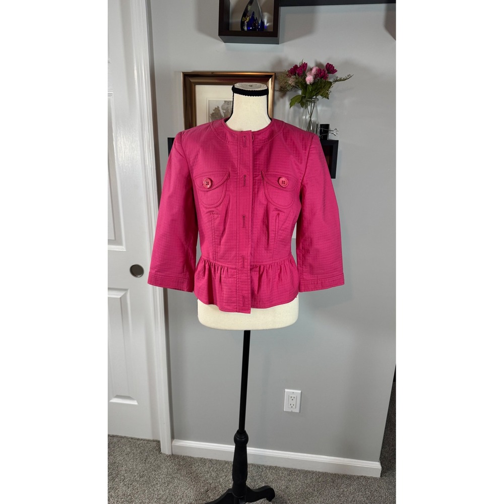 Worth New York Pink Peplum Jacket 6 Cotton Grid Texture 3/4 Sleeve Blazer
